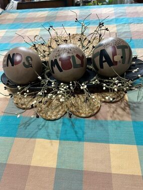 Decorative Rustic Spheres In A Black Tray with Sprigs of Berries Farmhouse Decor